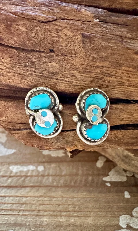 Hoop earrings with snake print designs for an edgy, wild appearance-EFFIE CALAVAZA Zuni Handmade Sterling Silver and Double Turquoise Snake Earrings