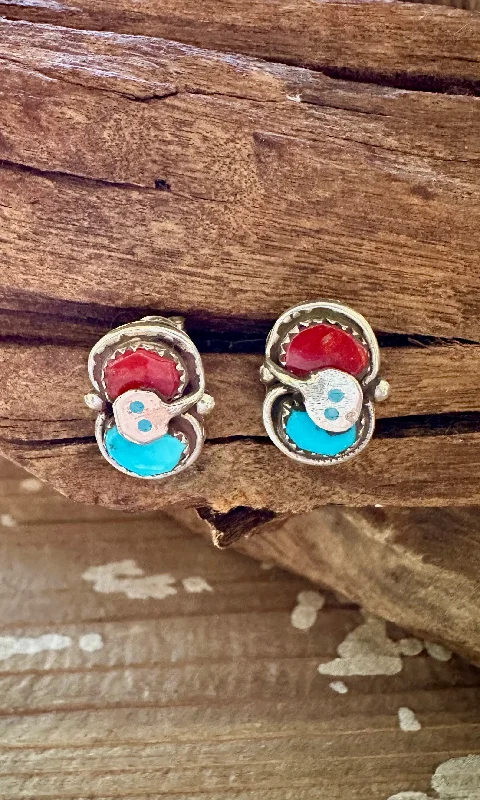 Best hoop earrings with blackened metal for an edgy and bold appearance-EFFIE CALAVAZA Zuni Handmade Sterling Silver, Turquoise and Coral Snake Earrings