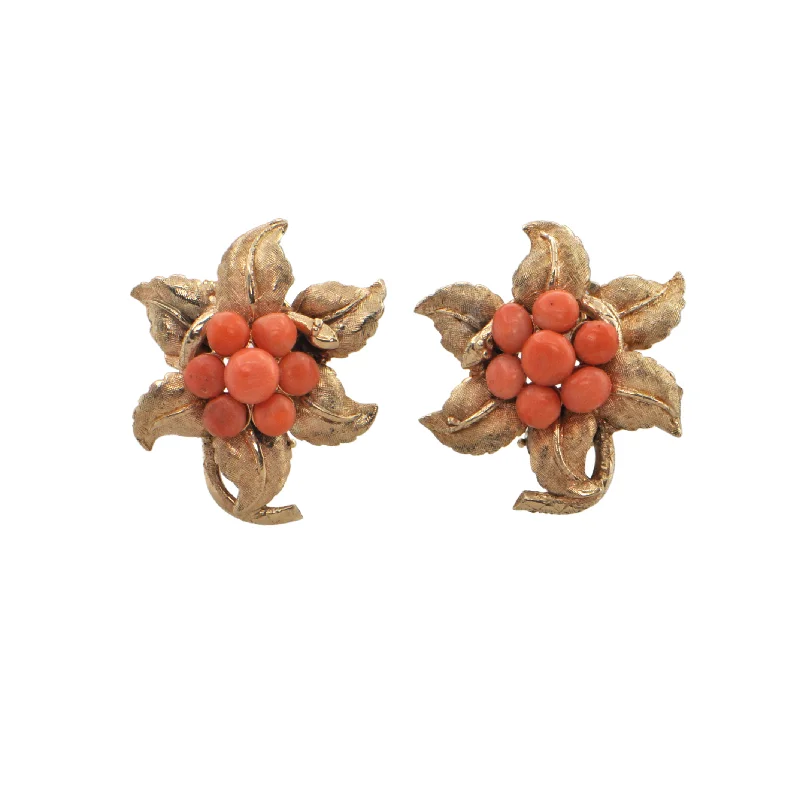 Best hoop earrings with stacked layers for a dimensional and bold look-Mid-Century Coral 14k Gold Flower Earrings