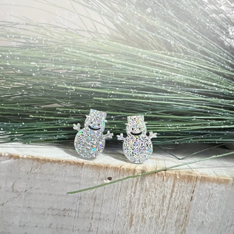 Classic hoop earrings with a thin profile for a sleek and subtle style-Glitter Resin Snowman Earrings Iridescent