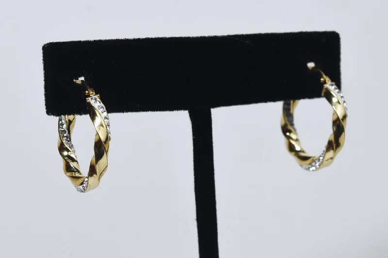 Hoop earrings with faceted crystals for added sparkle and shine-Gold Tone Sterling Silver Crystal Studded Twist Hoop Earrings