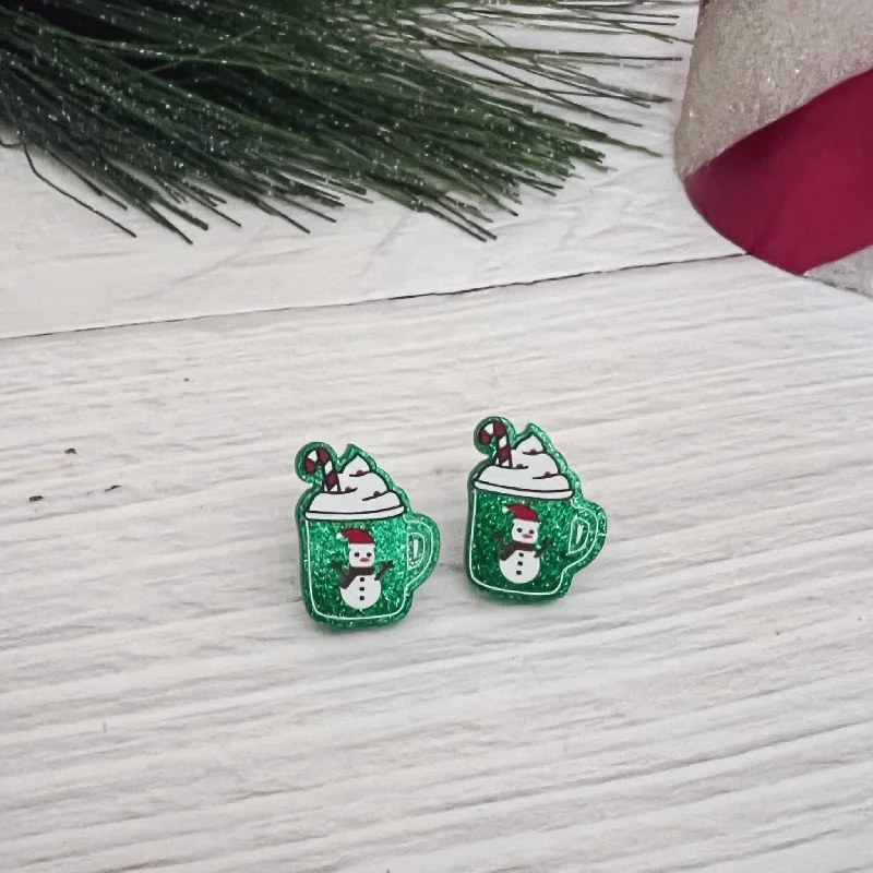 Best hoop earrings with braided leather for a rustic, stylish finish-Green Glitter Resin Cocoa Cup Christmas Earrings