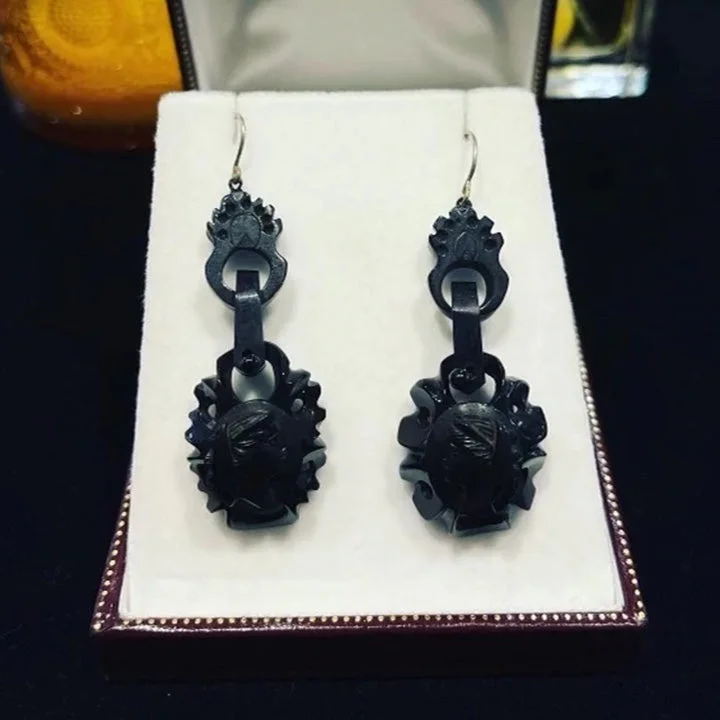 Hoop earrings with dangling charms for a playful and fun look-Victorian Whitby Jet Cameo Earrings