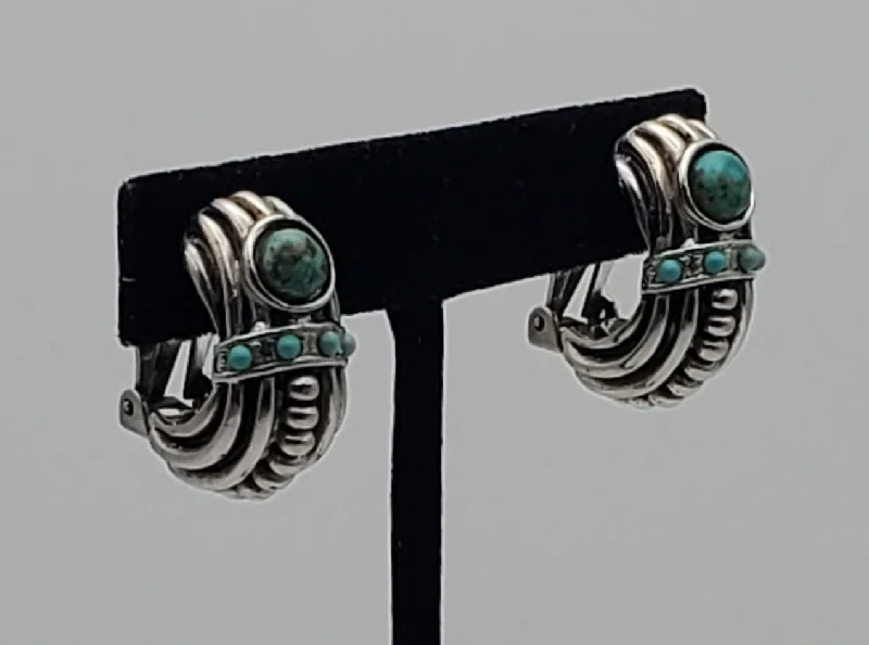 Hoop earrings with stacked layers for a bold and textured design-Graziano - Vintage Turquoise Cabochon Half Hoop Clip-On Earrings