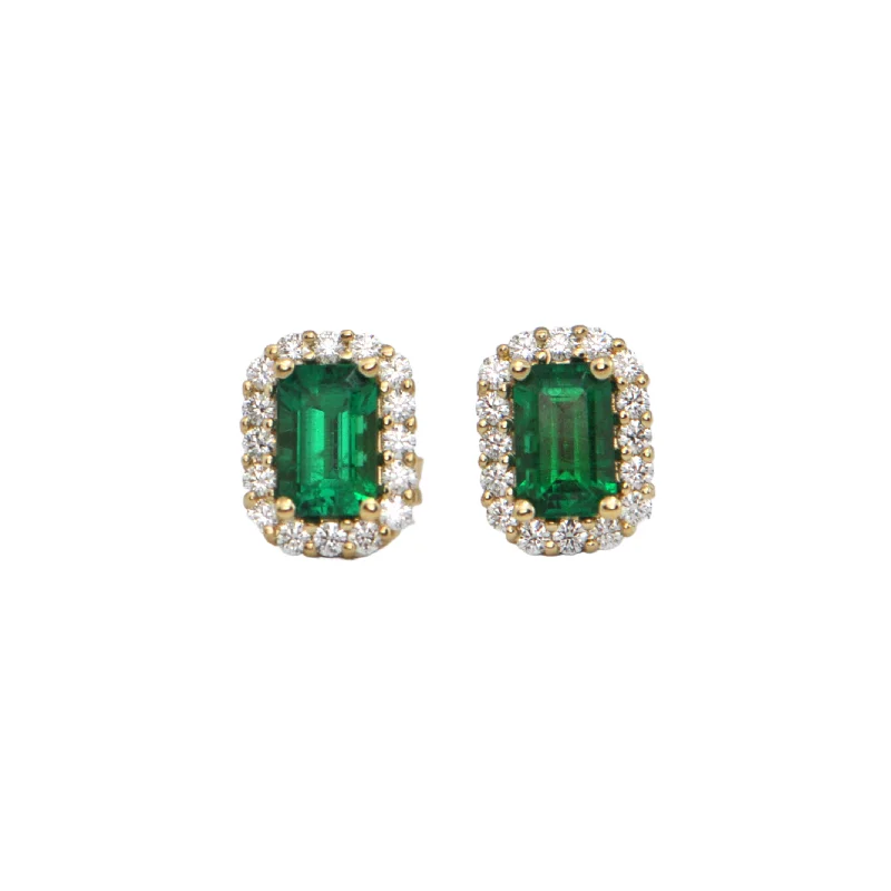 Best hoop earrings with multi-colored gemstones for a vibrant and lively touch-Custom Emerald and Diamond Halo 18k Yellow Gold Earrings by Daisy Exclusive